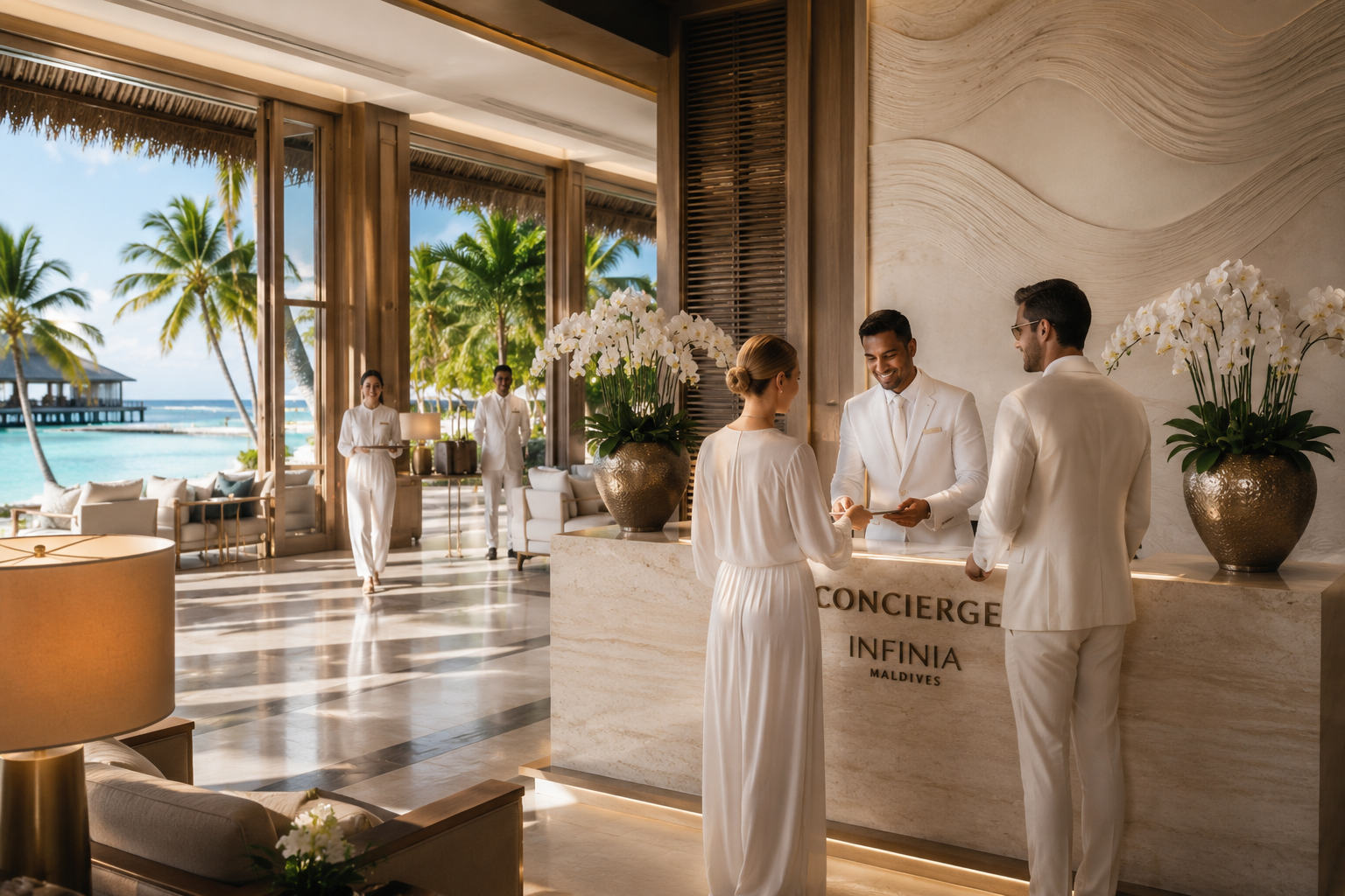 Ultra-luxury concierge desk at the Infinia Maldives resort with brass bell, leather key folders and vintage telephone overlooking the lagoon at sunset