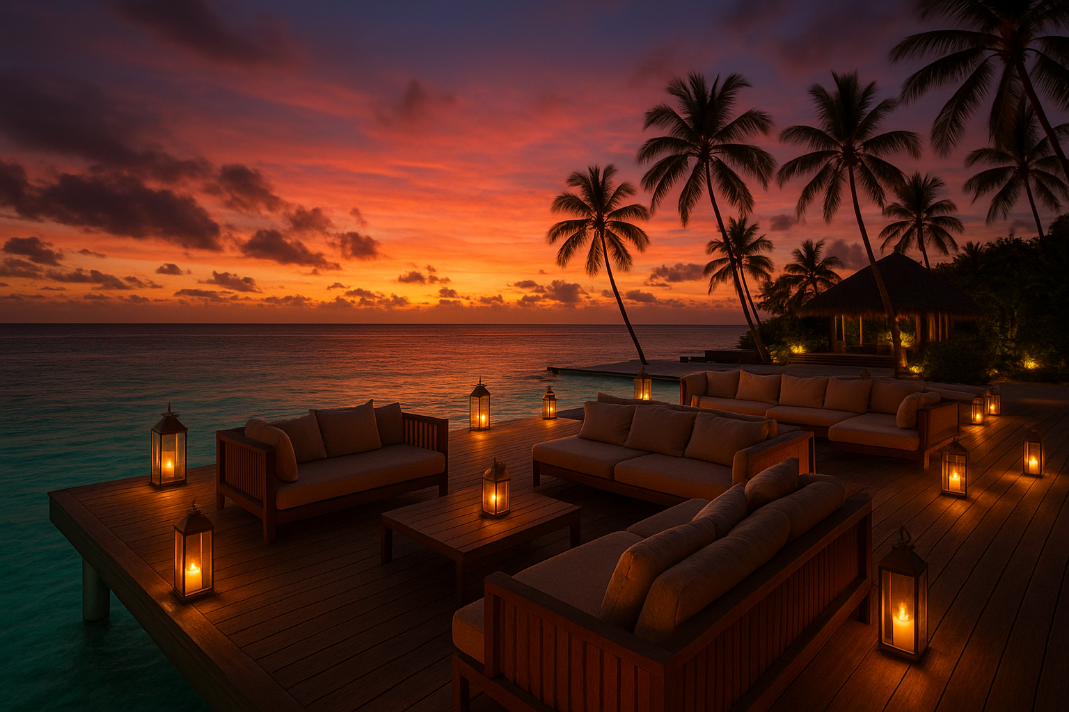 Infinia Maldives oceanfront terrace at twilight