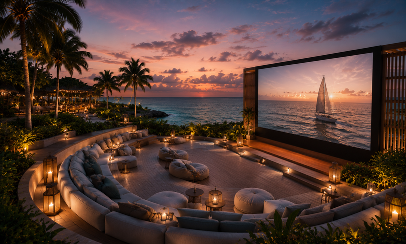 Infinia Maldives beach club with night lounge, DJ booth and bonfire on the white sand at twilight