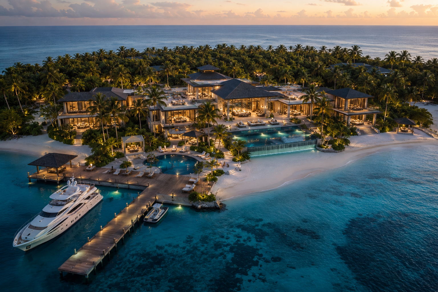 Infinia Maldives beachfront luxury residence estate with private infinity pool and marina at dusk