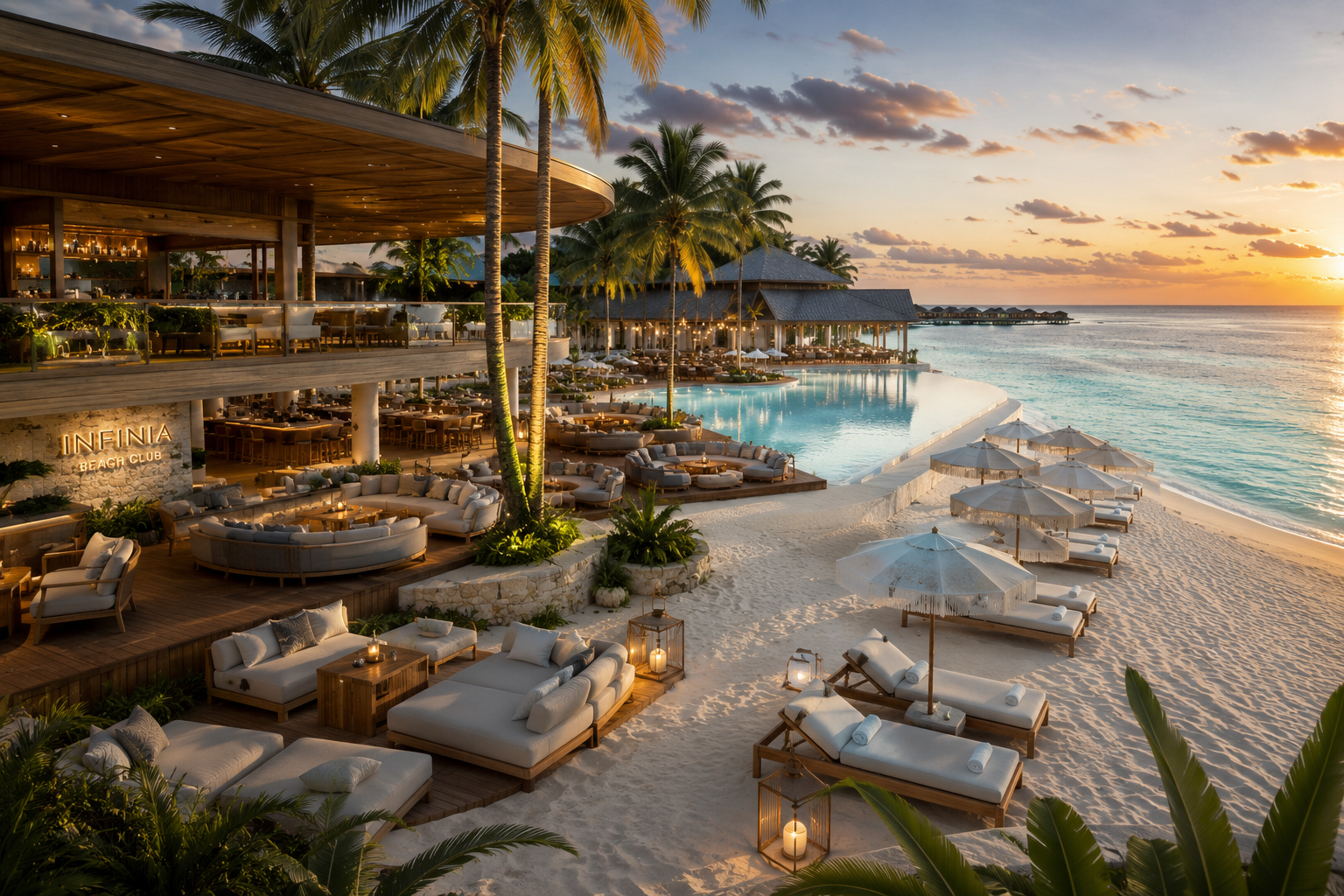 Infinia Beach Club — open-air oceanfront lounge on the lagoon
