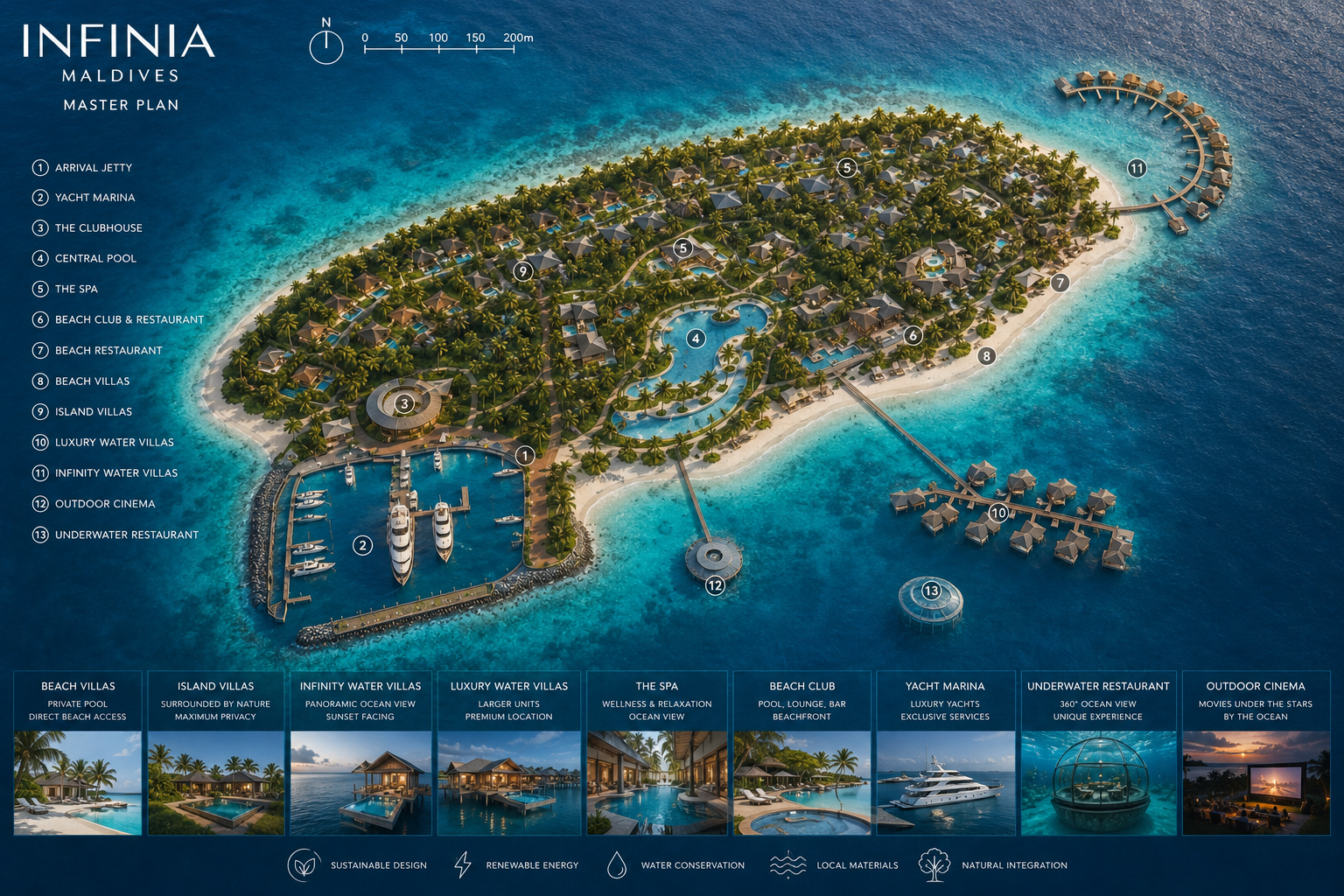 Detailed masterplan of the Infinia Maldives private island showing residences, marina, dining, wellness and entertainment zones