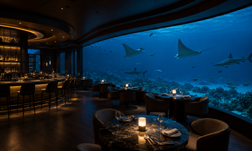 Infinia Maldives Restaurant Agua — underwater dining sanctuary surrounded by marine life