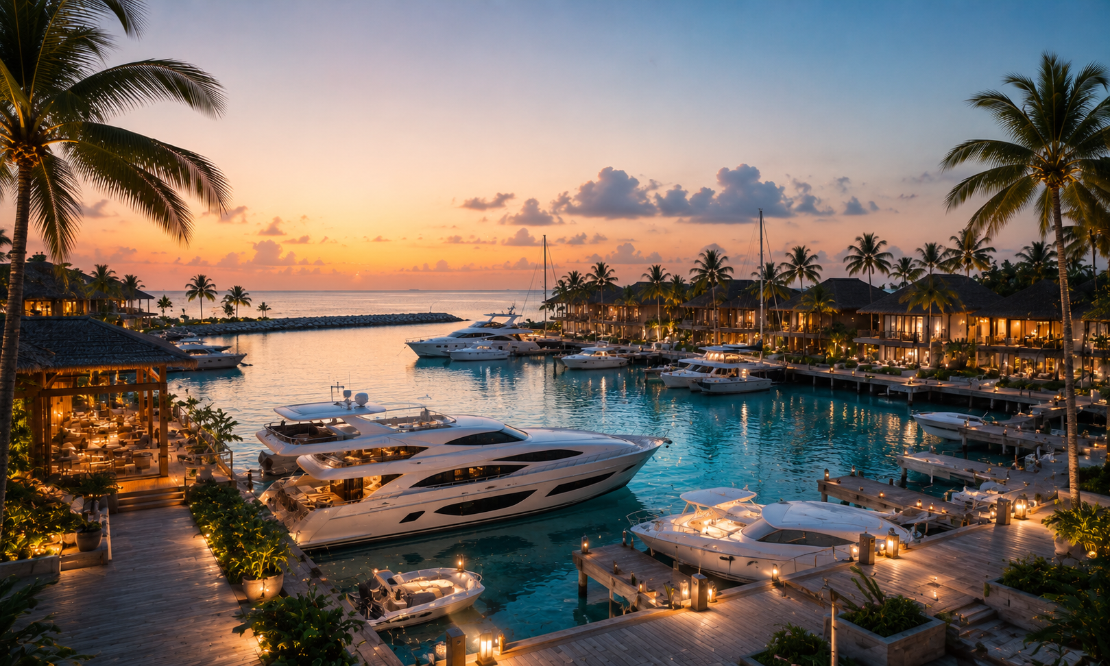 Superyacht marina with luxury vessels docked at the Infinia Maldives private island