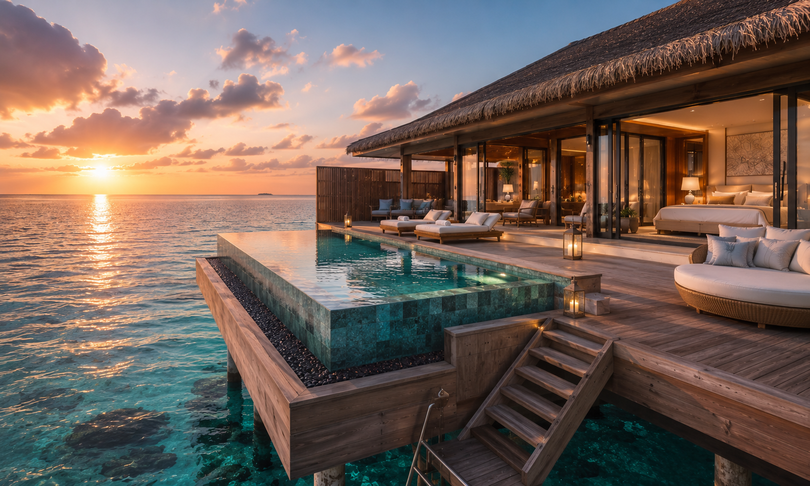 Infinia Maldives Infinity Villa with clifftop pool overlooking the ocean at sunset