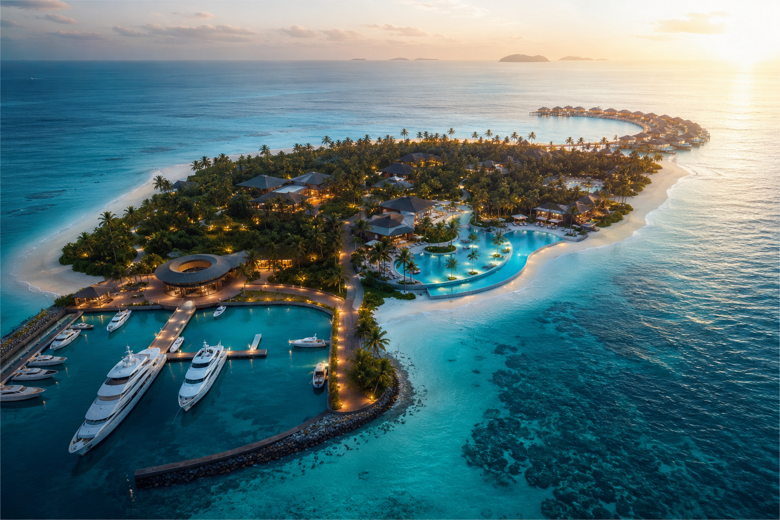 Aerial masterplan visualization of the Infinia Maldives private island resort